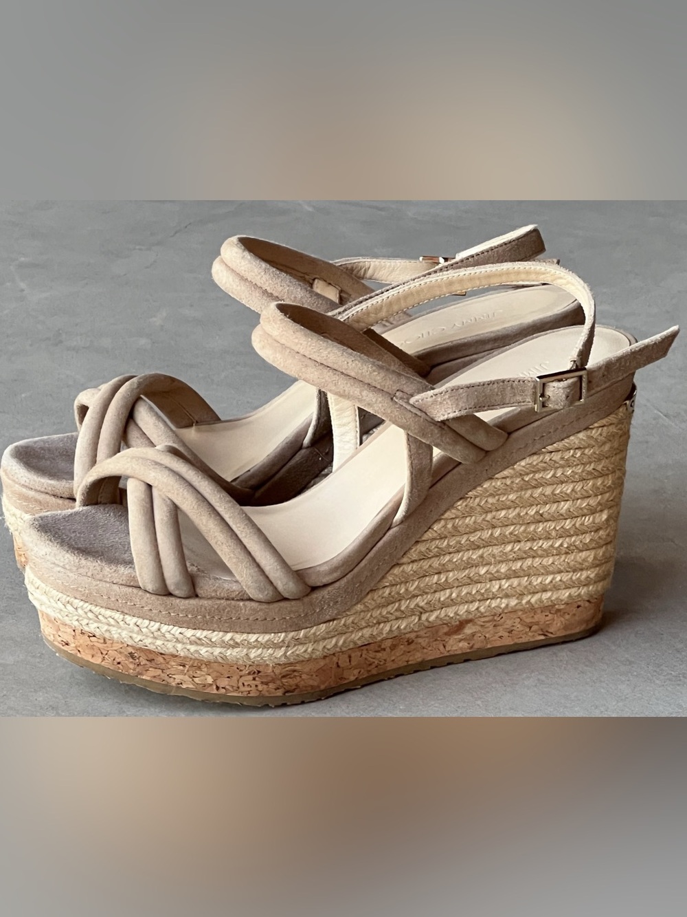 Jimmy Choo Nomad Suede Espadrille Cork Wedge Sandals Nude Taupe EU 38